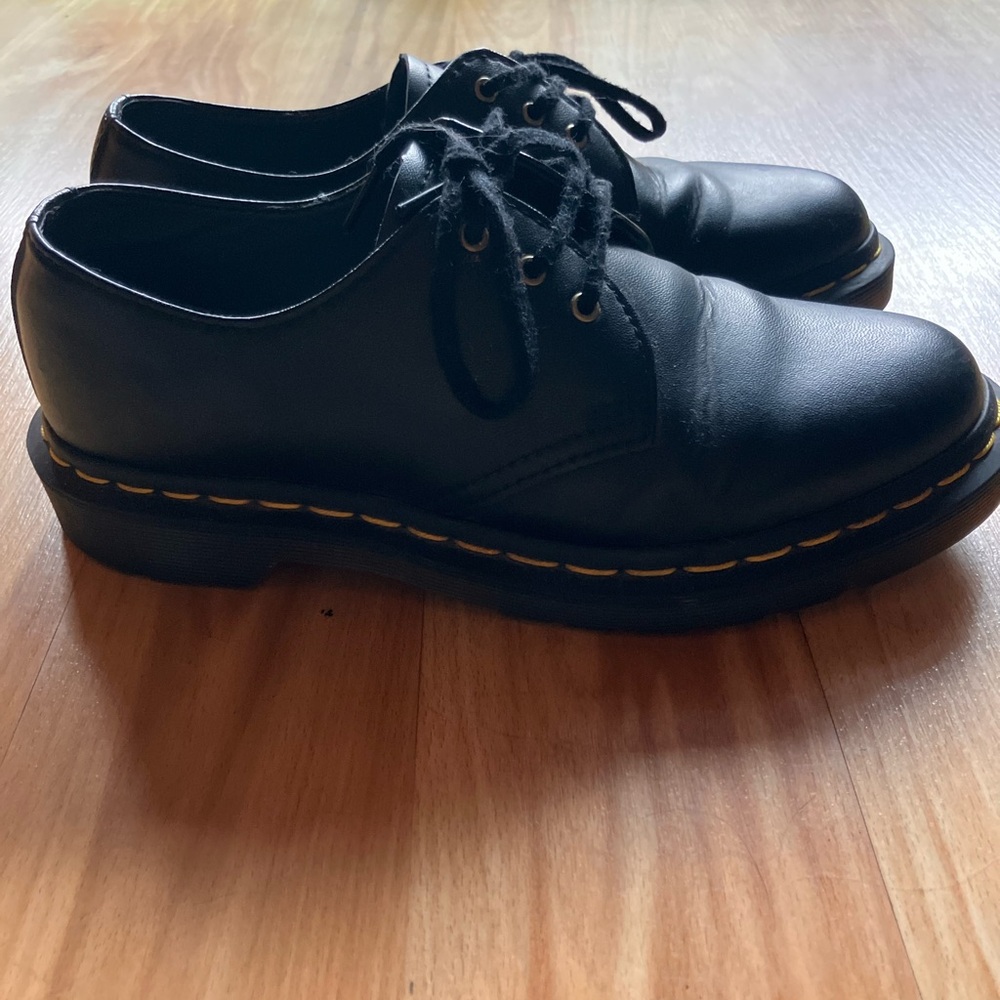 Dr. Martens Black Leather 3-Eye Oxford Shoes with Yellow Stitching